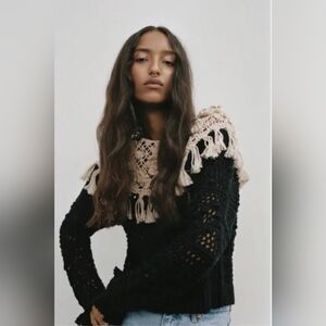 Zara Black Crochet And Cream Macrame Knit Sweater